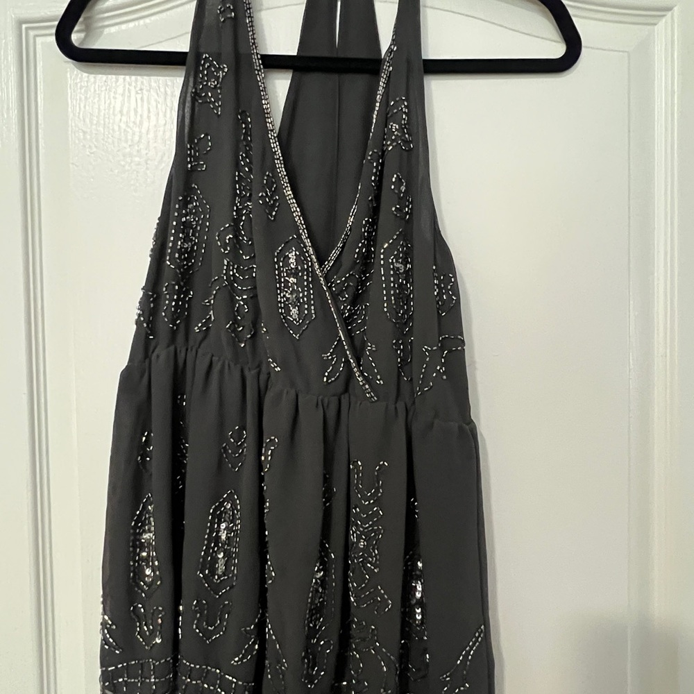 Elegant Gray Sheer Embellished Blouse